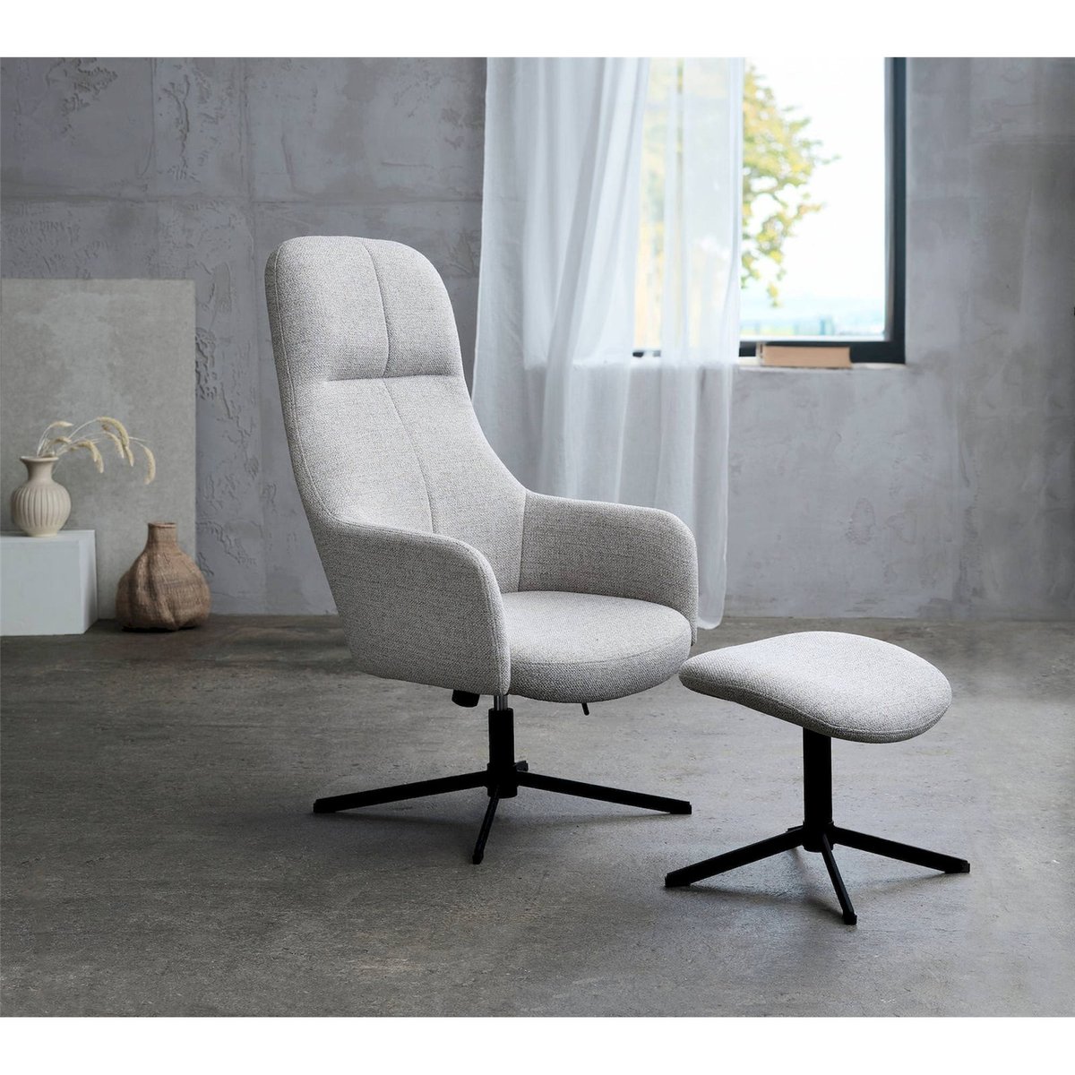 Fauteuil relax avec repose-pieds MANNING gris clair et noir, RECOLLECTION