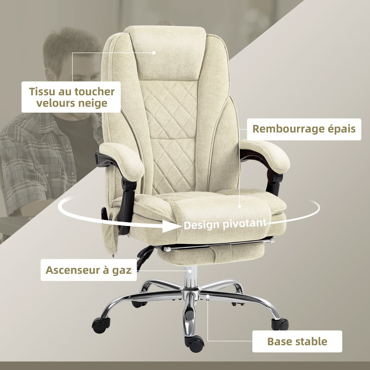 Fauteuil de bureau avec fonction massage beige, HOMCOM