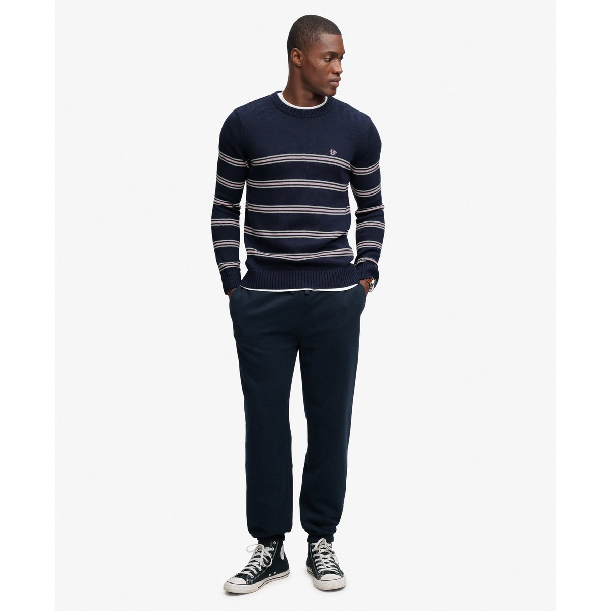 Pull Rayé en Coton Coupe Ajustée marine standard/rayure rose, SUPERDRY
