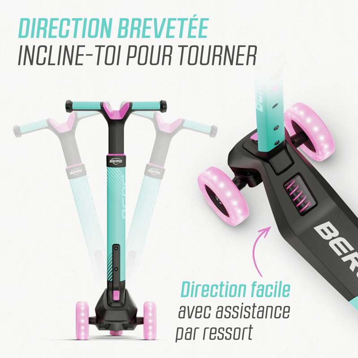 Trottinette pour Enfants, 2+ Ans, Pliable, LED-Deck, Nexo Menthe mint, BERG TOYS