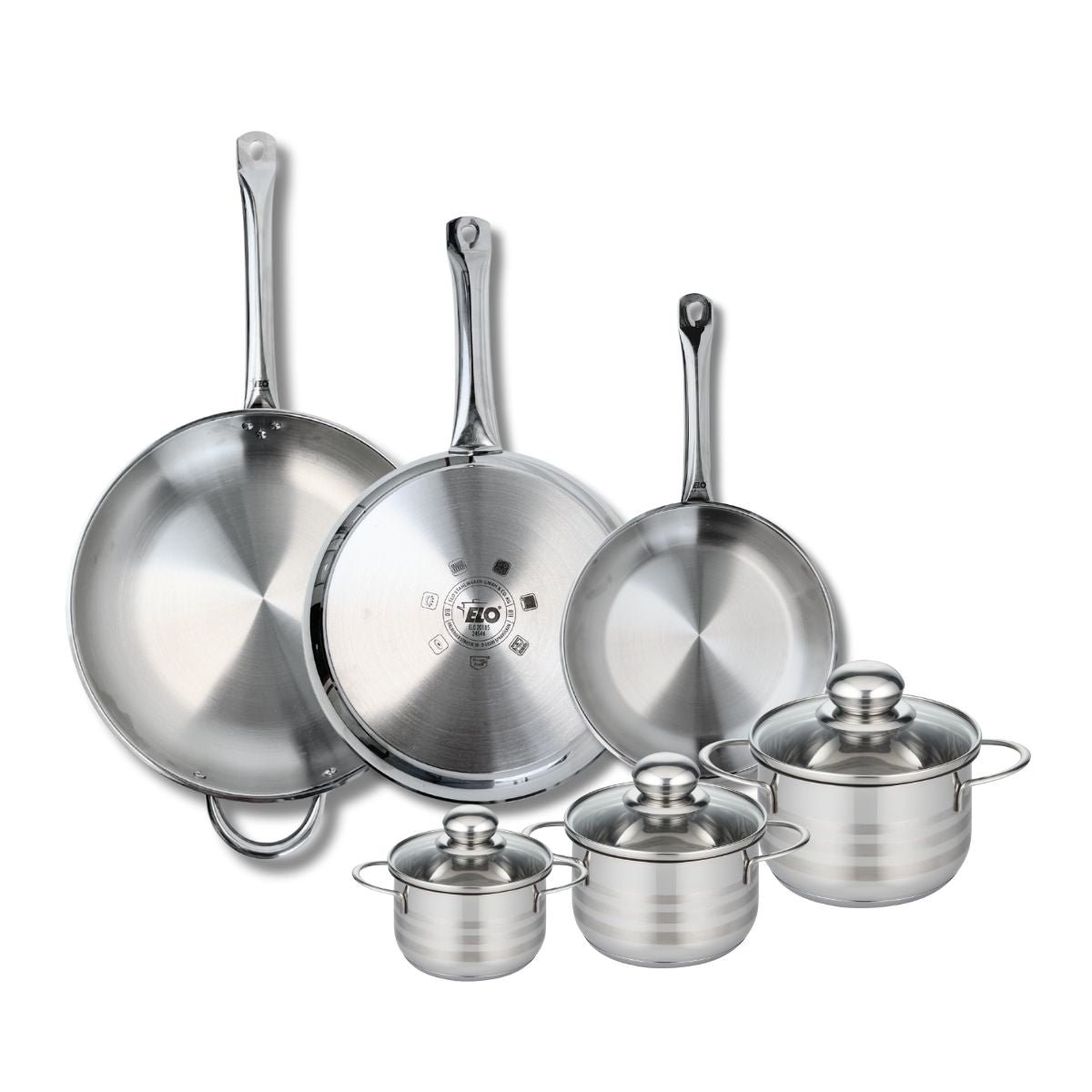 3 poêles 24/28/32cm + 3 faitouts 12/14/16cm PROFI BRILLANT gris, ELO