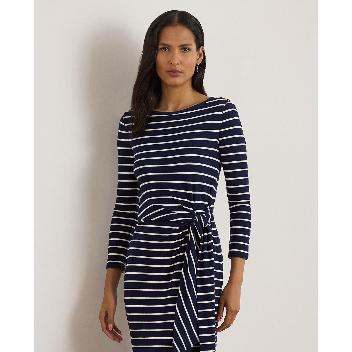 Robe midi rayée à manches longues à nouer, VAYRA marine, LAUREN RALPH LAUREN