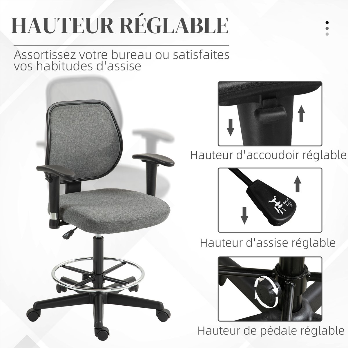 Chaise de bureau pour poste de travail debout gris, HOMCOM