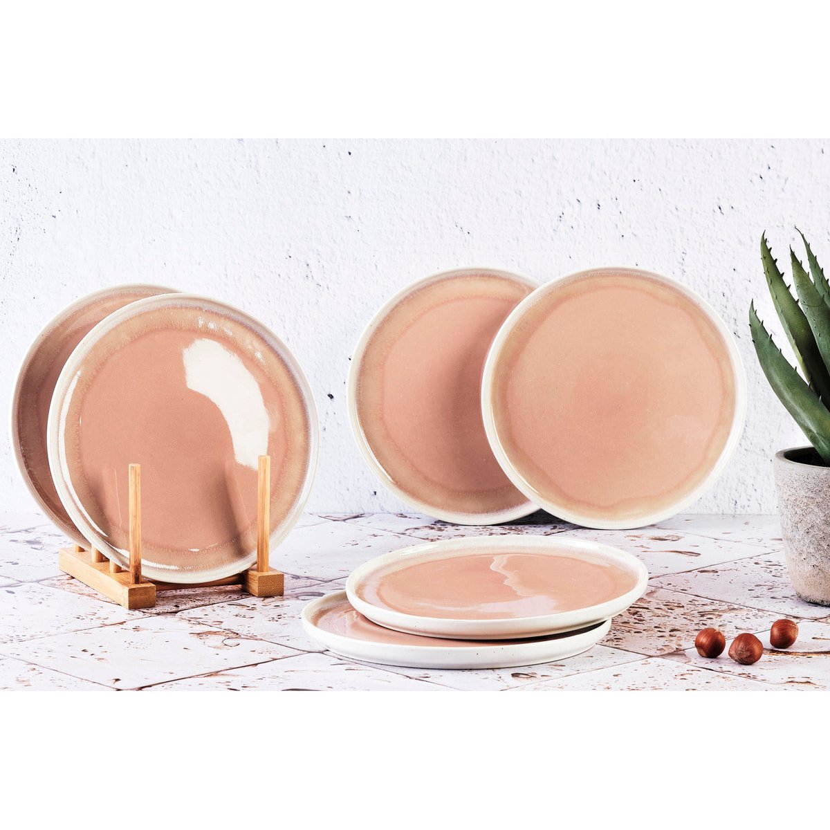 Lot de 6 assiettes à dessert en grès, OXYGEN dégradé rose poudre et beige, BJORN