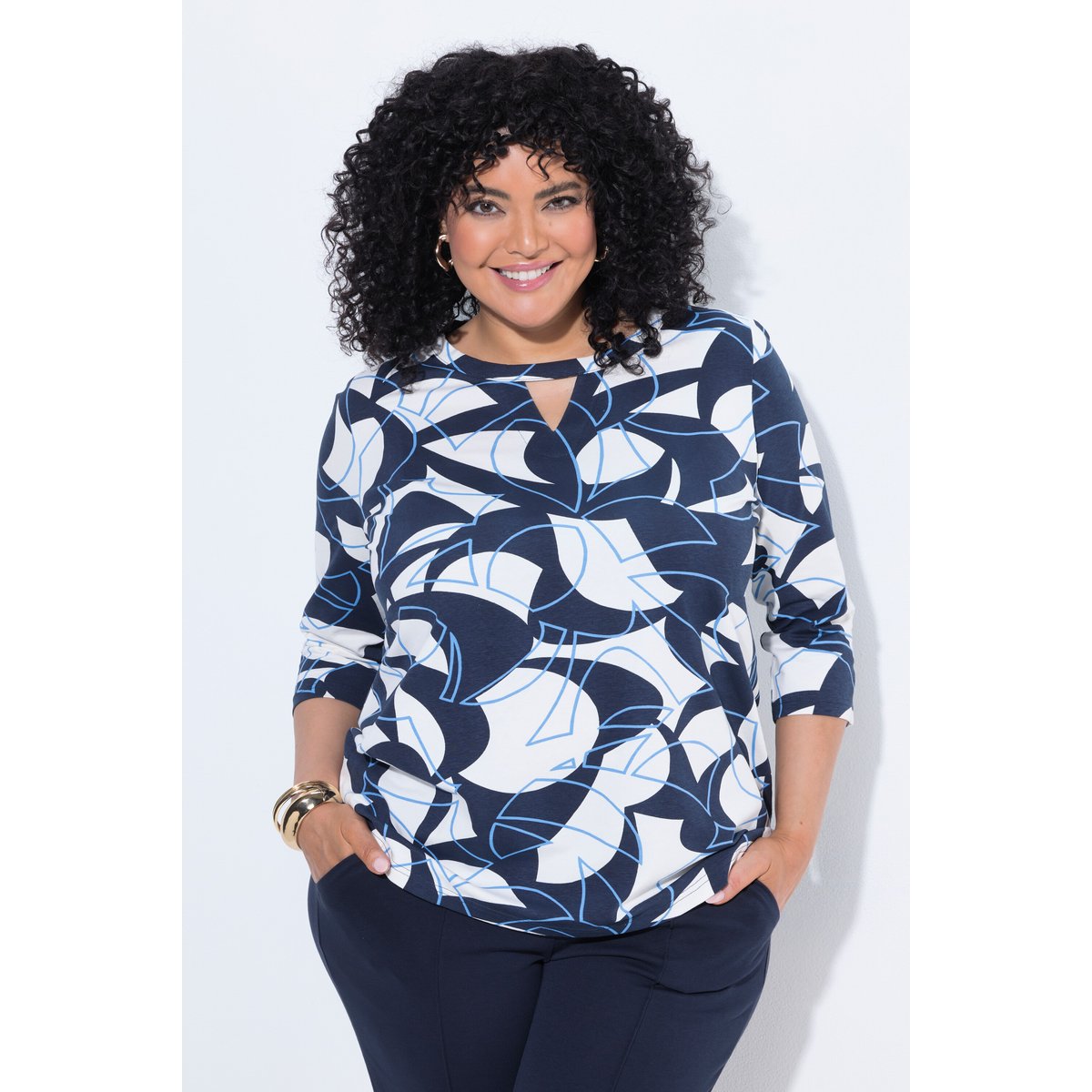 T-shirt décolleté rond et manches 3/4 marine, ULLA POPKEN