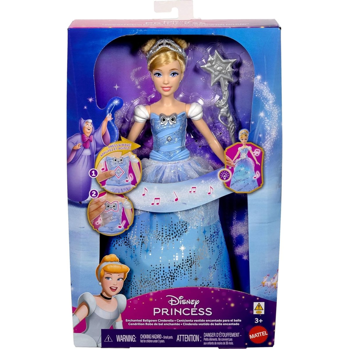 Disney Princess-Poupée Cendrillon et sa robe enchantée bleu, MATTEL