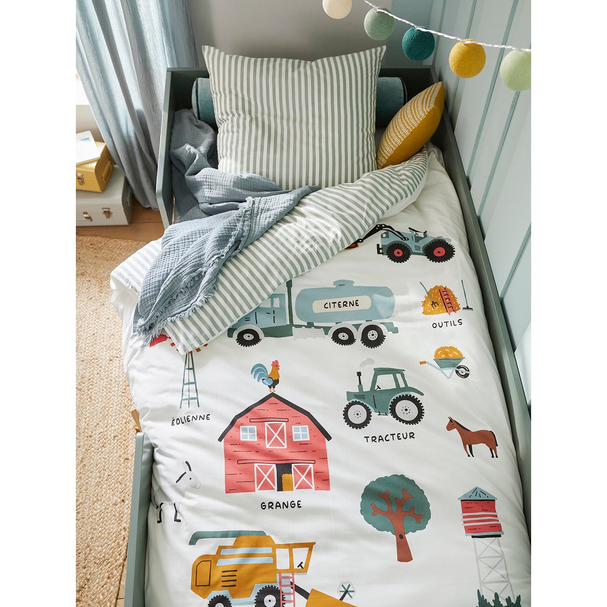 Parure housse de couette et taie d'oreiller avec coton recyclé MOISSON blanc imprimé, VERTBAUDET