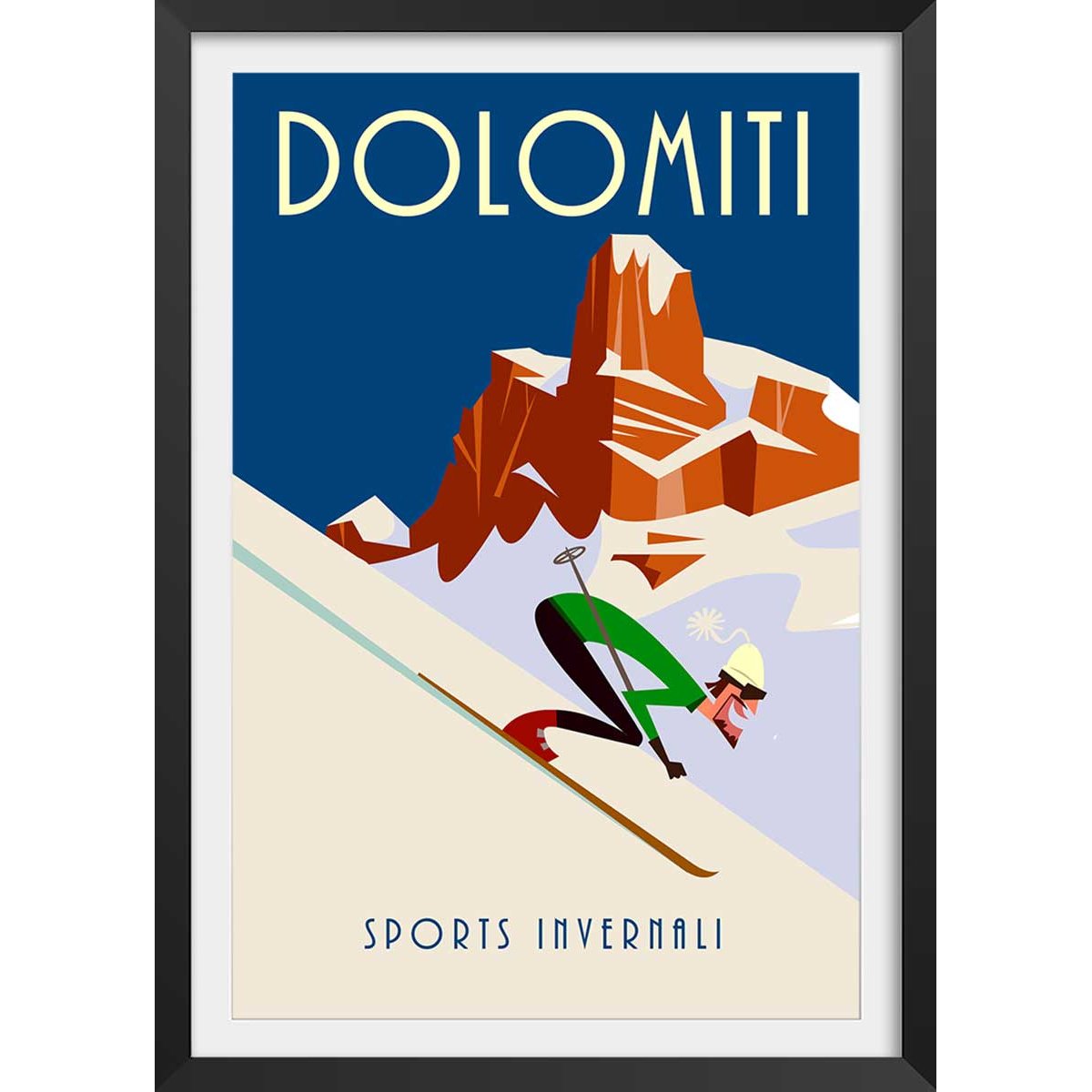 Poster ski et dolomites affiche + cadre en bois - noir, HEXOA