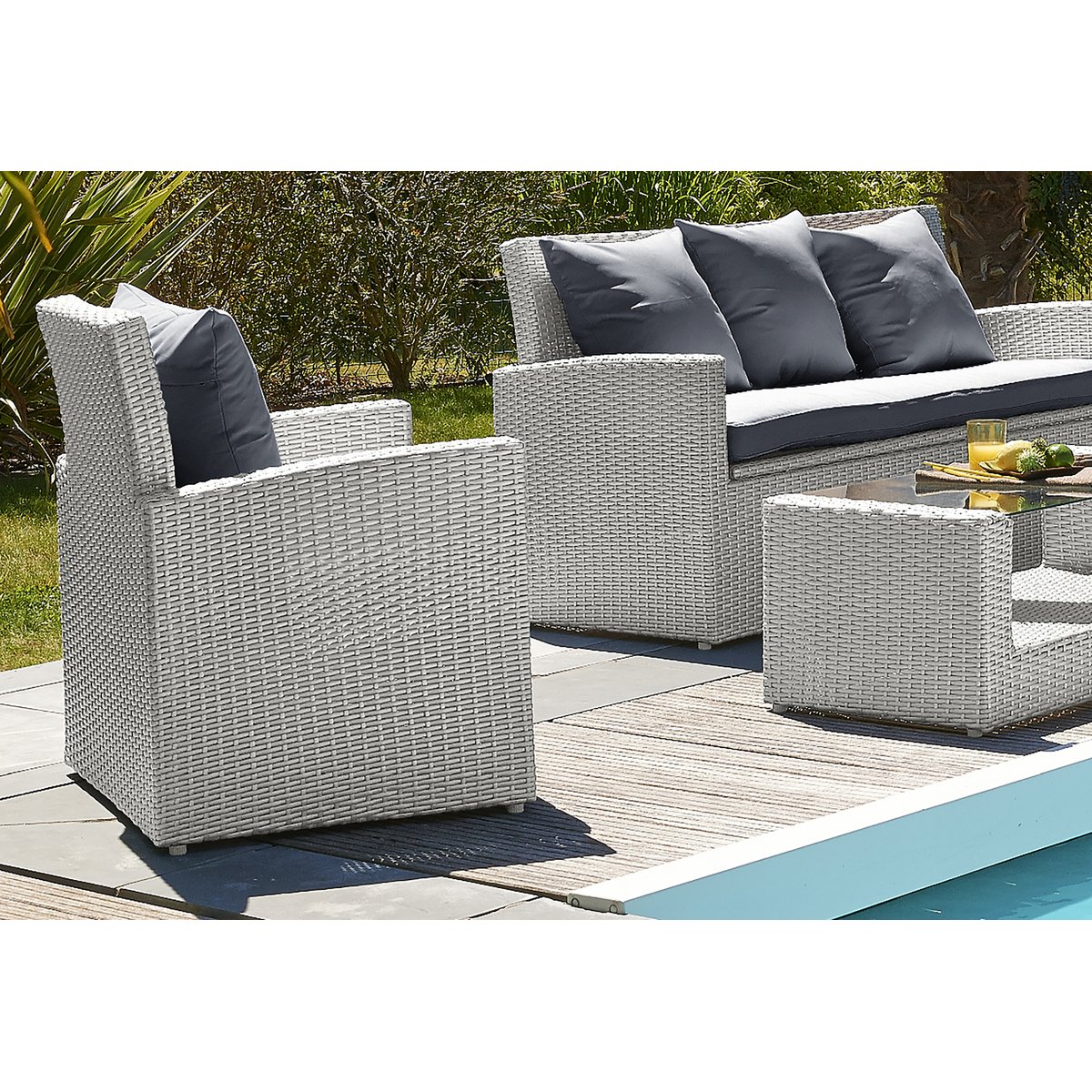 Salon de jardin 5 places en résine tresséee PVC-CONFORT gris clair, DCB GARDEN