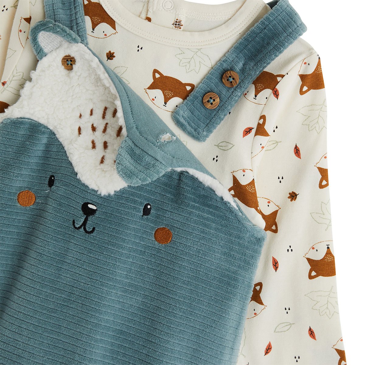 Ensemble salopette bébé en velours côtelé et t-shirt Ginkgo vert, PETIT BEGUIN