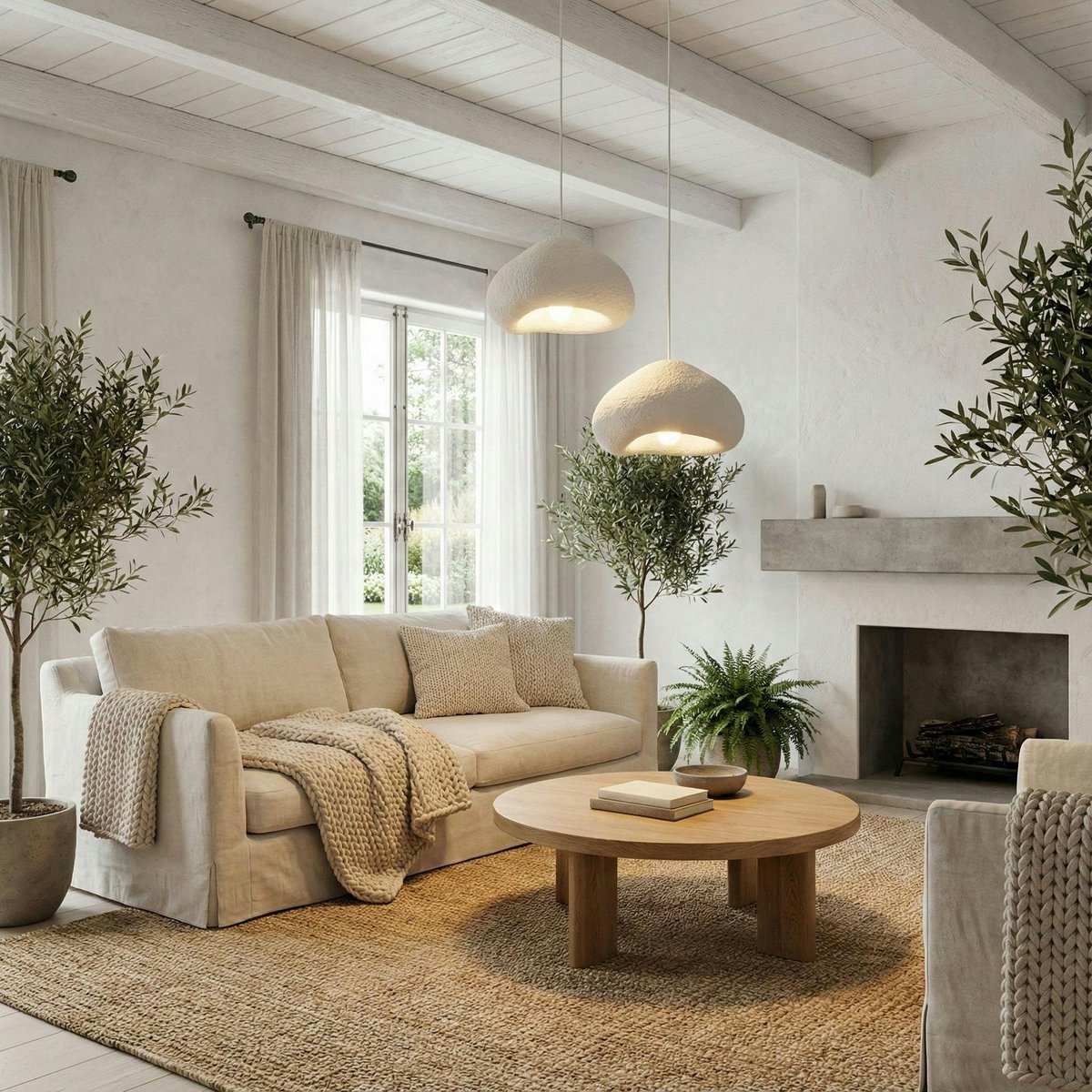 Suspension salon blanche design organique 2 abat-jour NOXIS blanc, PIER IMPORT