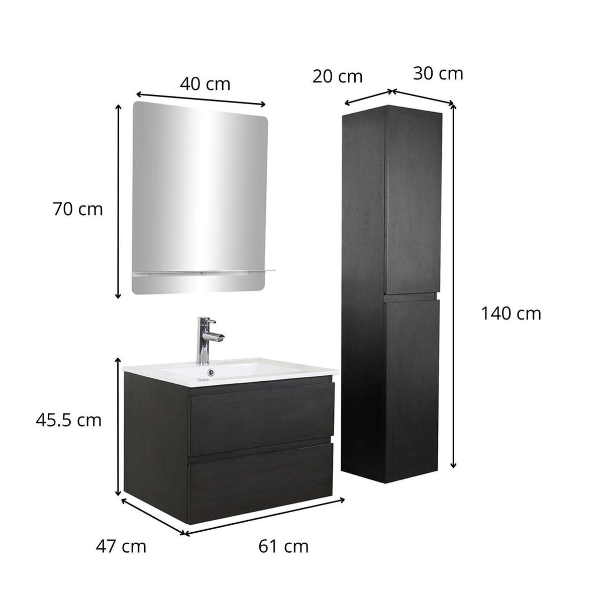 Ensemble meuble simple vasque 60 cm + robinet + miroir + Colonne SORRENTO décor chêne carbone, MOB IN