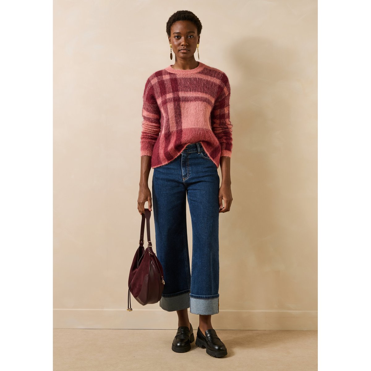 Pull manches longues en jacquard carreaux blush, LA FEE MARABOUTEE