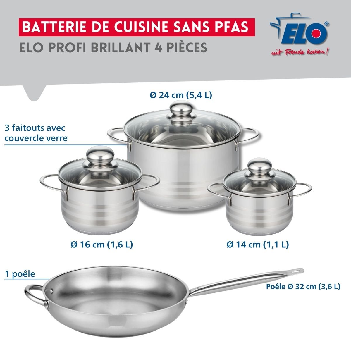 Batterie 1 poêle 32cm + 3 faitouts 14/16/24cm PROFI BRILLANT gris, ELO