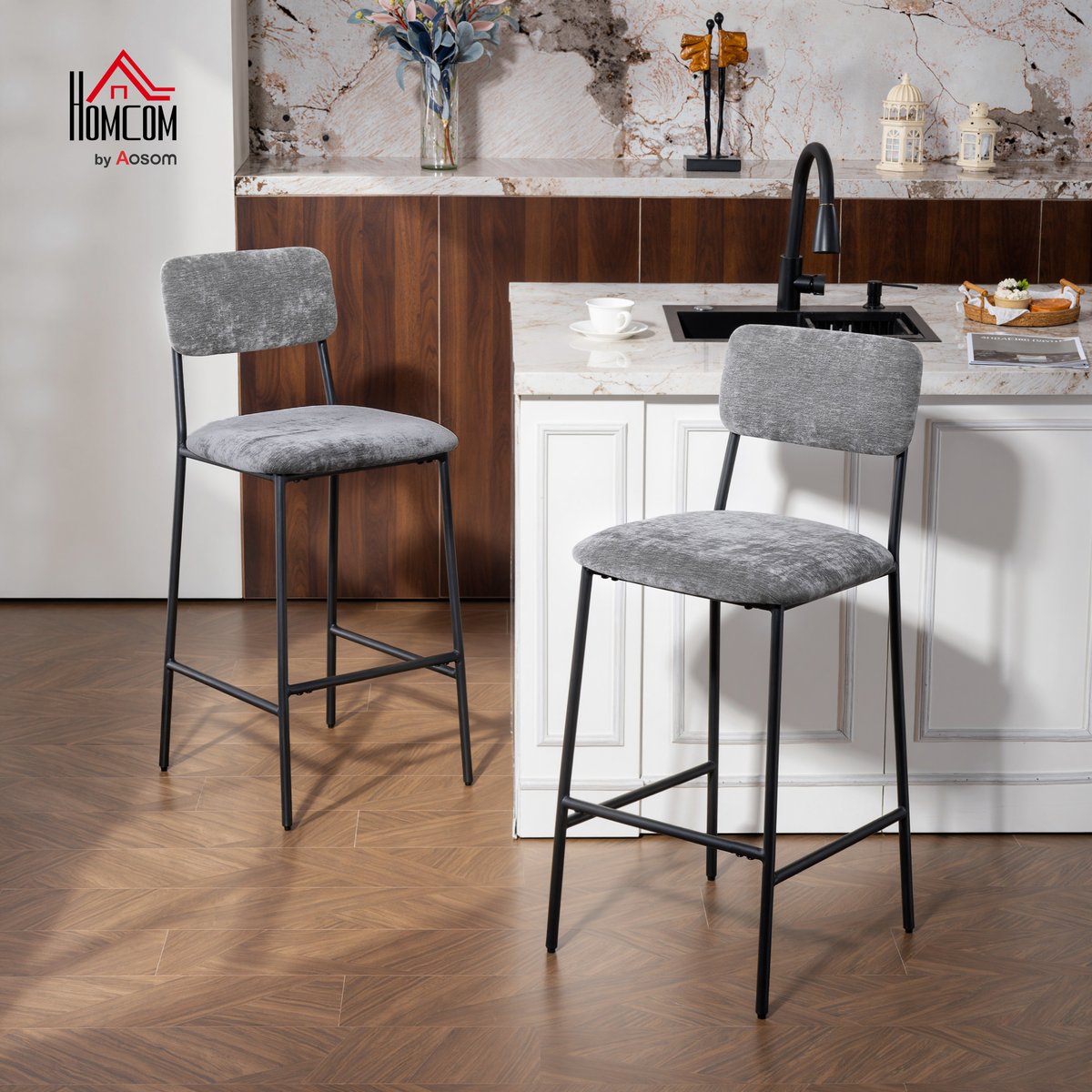 Tabouret de bar Chenille (100% polyester) gris, HOMCOM