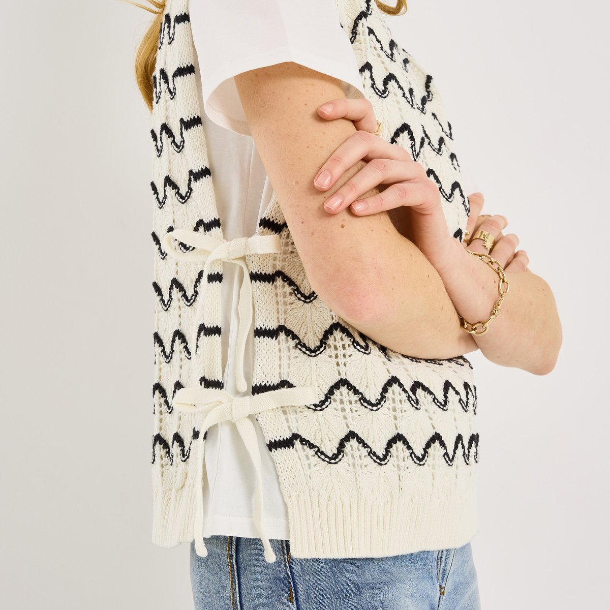 Pull manches courtes rayé blanc cassé ecru, GRAIN DE MALICE