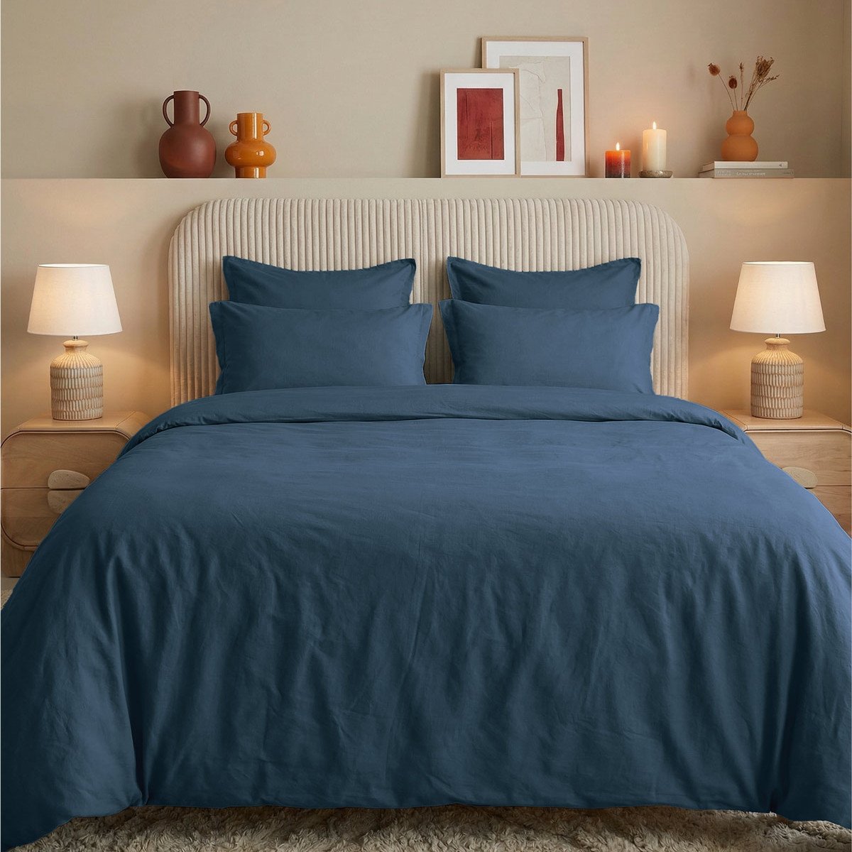 Parure housse de couette percale lavée + 2 taies 50x70 cm HOME WASHED indigo, SENSEI MAISON