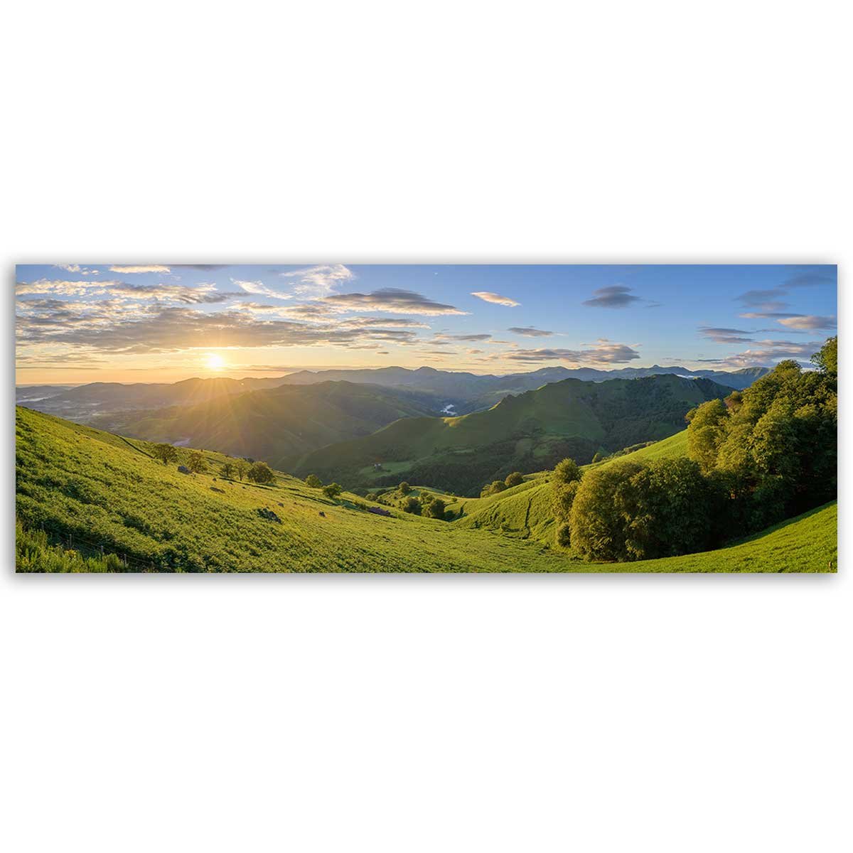 Tableau panoramique collines vertes coucher de soleil toile imprimée, HEXOA