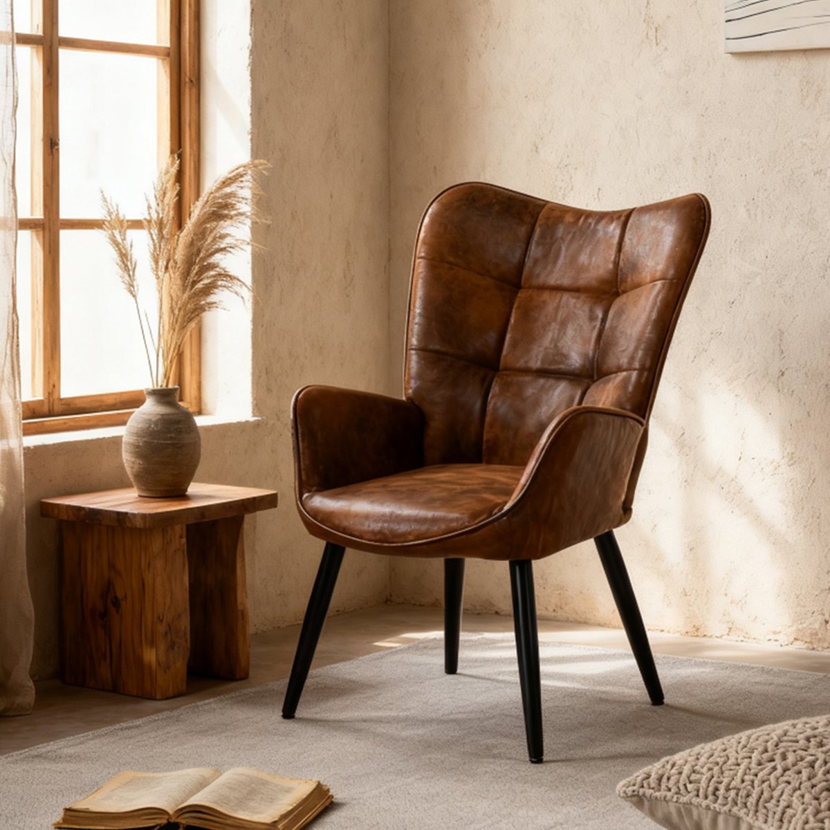 Fauteuil confortable bas style rétro vintage dossier moyen assise confortable pieds métal, KANAS marron, MEUBLES COSY