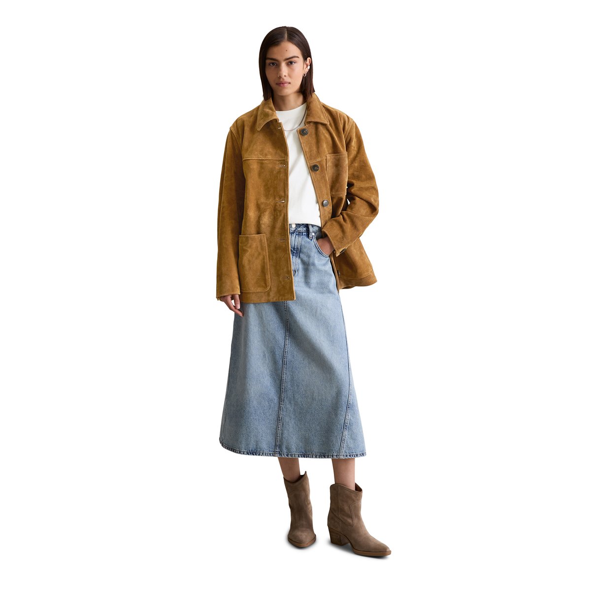 Veste en cuir velours relaxed dans le style barnjacket marron, MARC O’POLO DENIM
