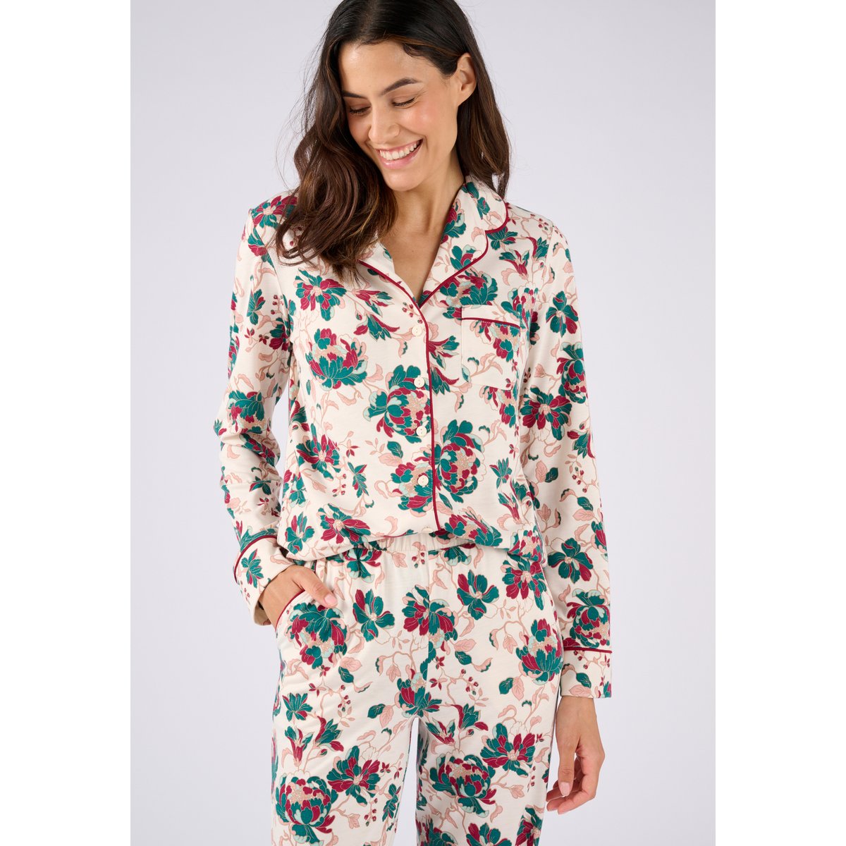 Pyjama boutonné Thermolactyl marron beige fleuri, DAMART