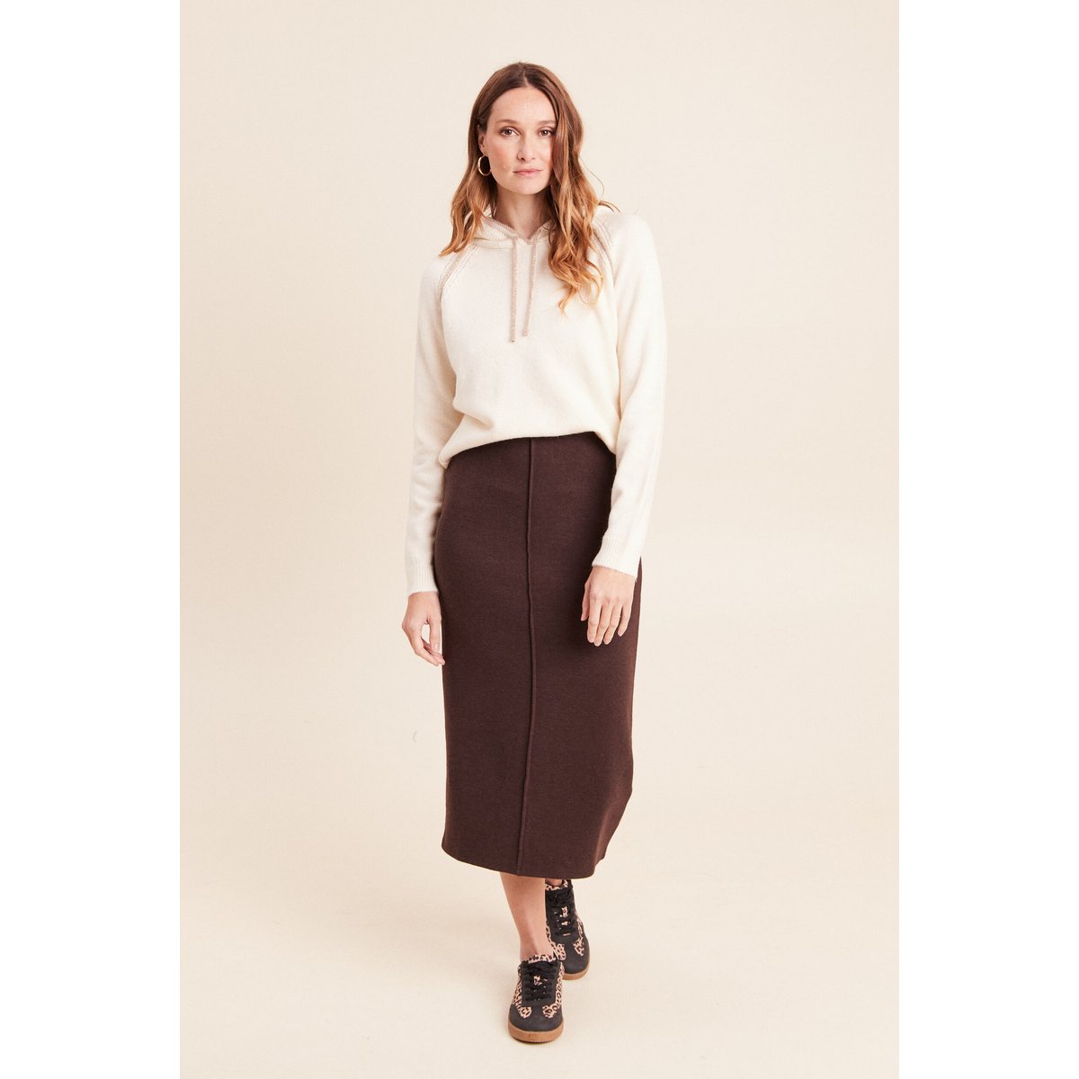 Jupe longue droite en maille marron foncé, BREAL