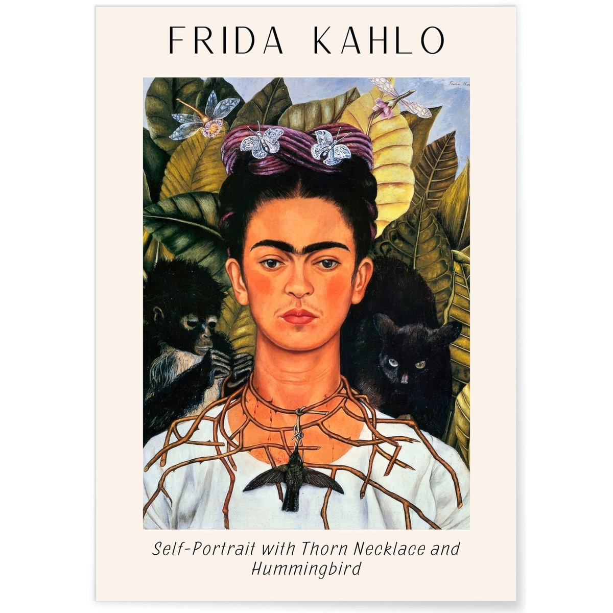 Affiche Frida Kahlo « Self-Portrait with Thorn Necklace and Hummingbird » blanc, L'AFFICHERIE