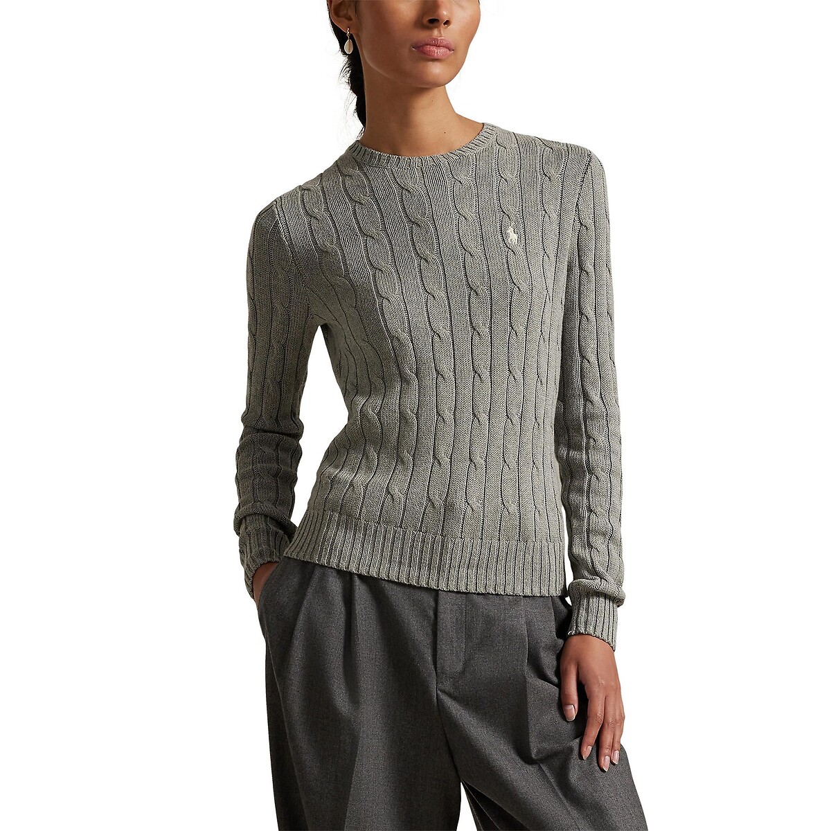 Pull à col rond, à manches longues, en maille torsadée gris, POLO RALPH LAUREN