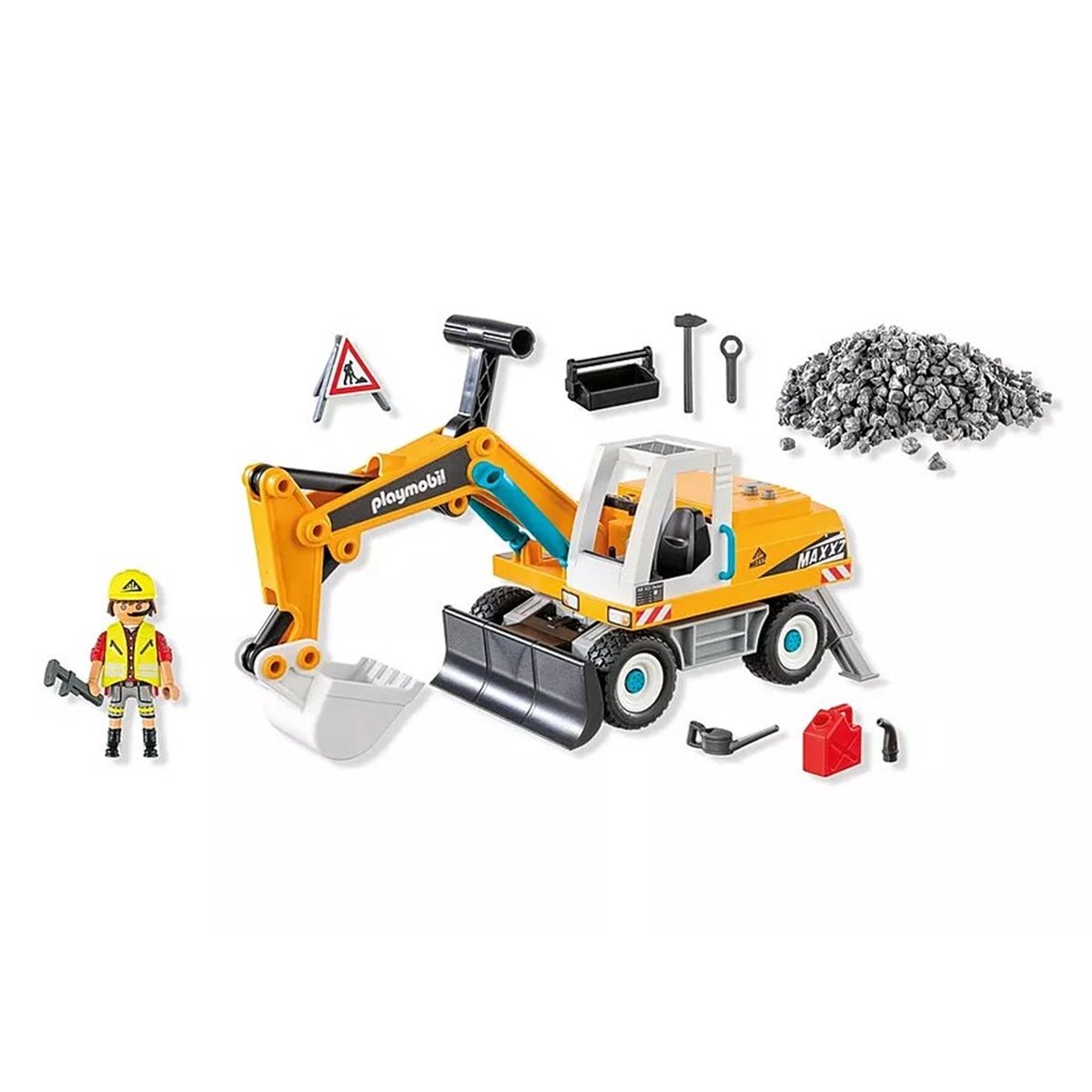 Pelleteuse mécanique avec ouvrier et accessoires pelleteuse mécanique avec ouvrier et accessoires, PLAYMOBIL