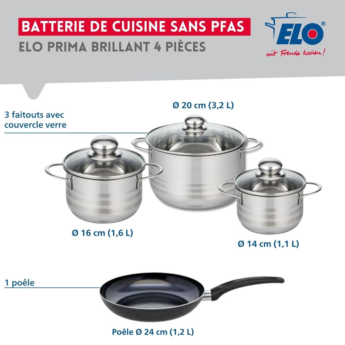 Batterie 1 poêle 24cm + 3 faitouts 14/16/20cm PRIMA BRILLANT noir, ELO