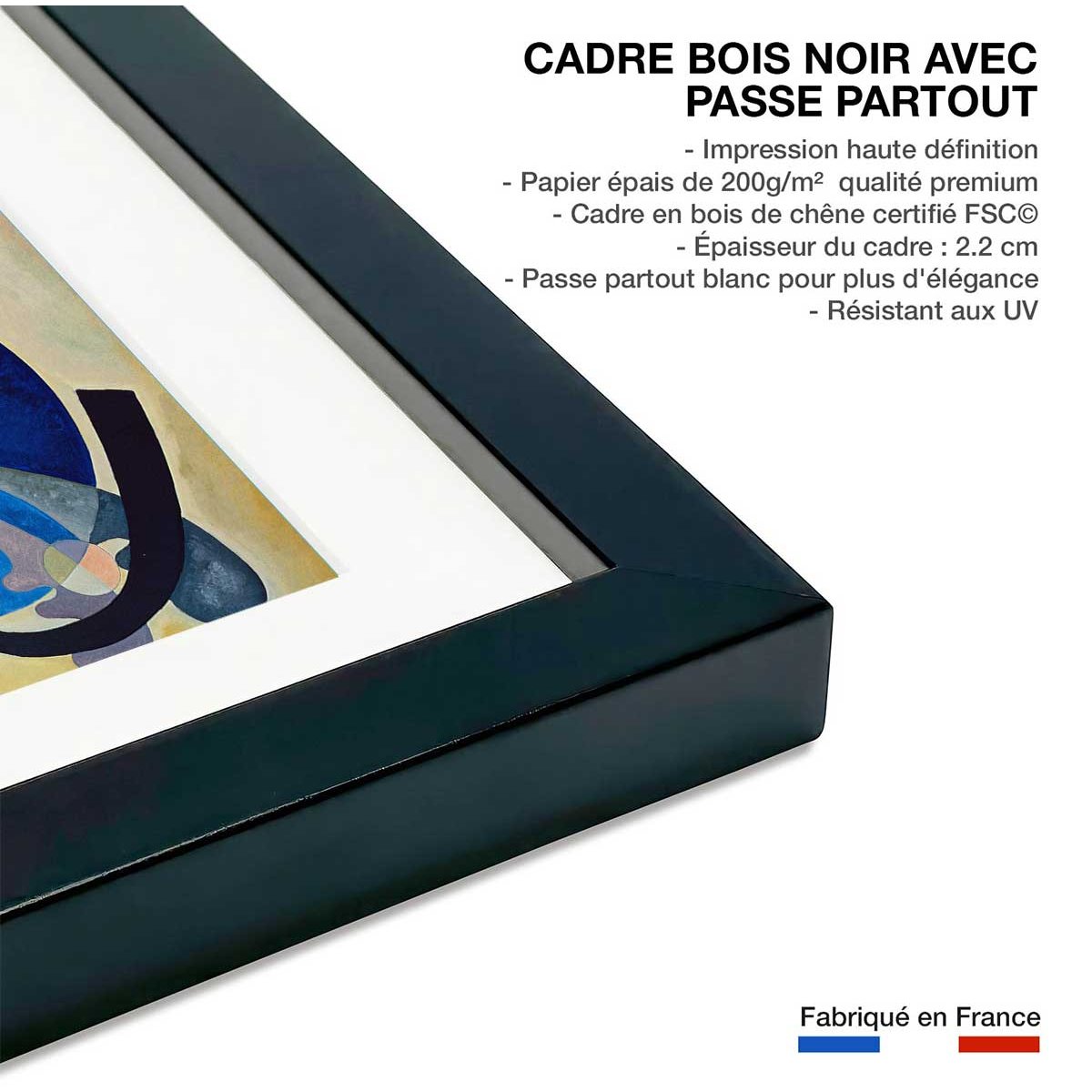 Poster Jaune, rouge en bleu par Wassily Kandinsky affiche + cadre en bois - noir, HEXOA