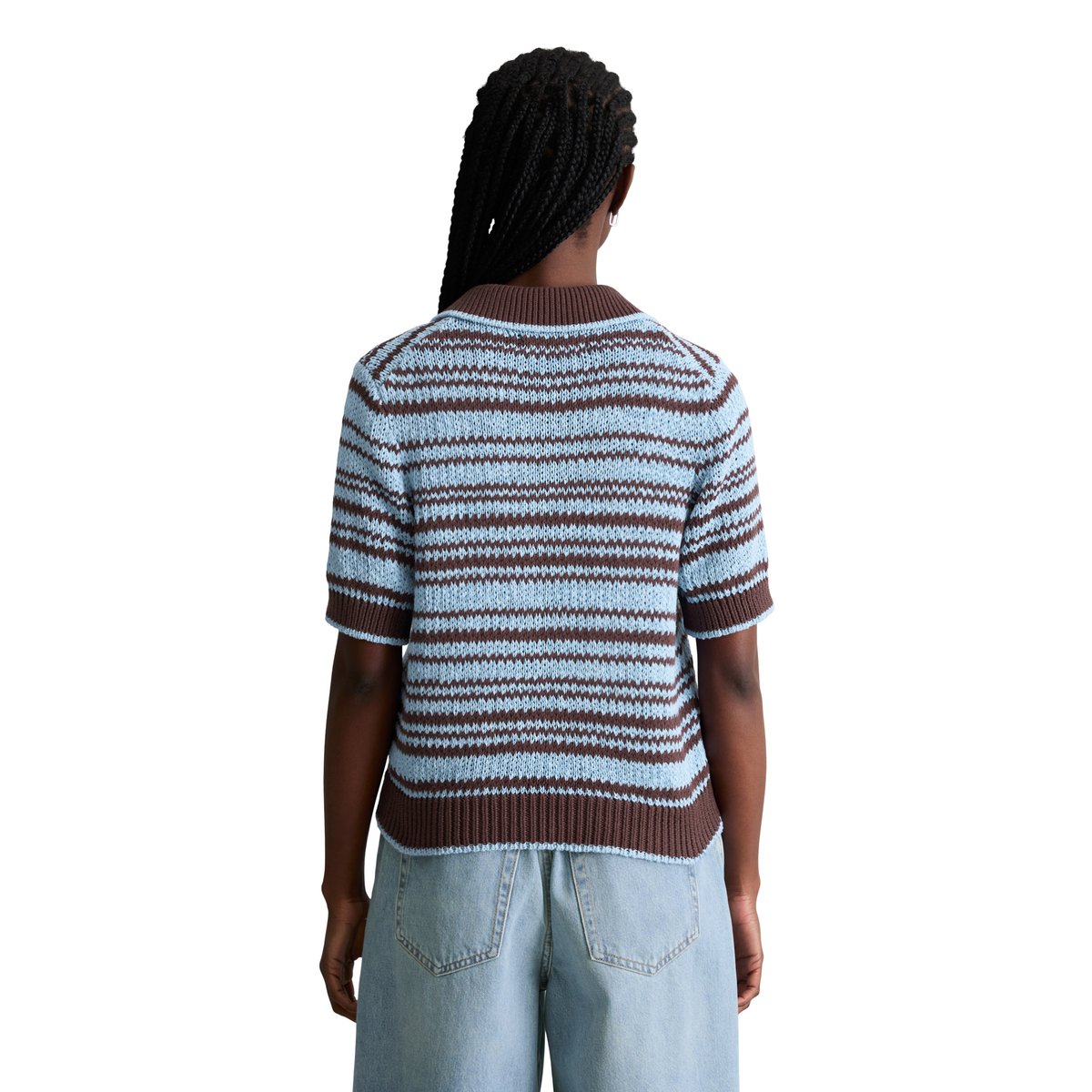 Polo cardigan regular en fil à bandelettes teinté dans la masse marron fonce, MARC O’POLO DENIM