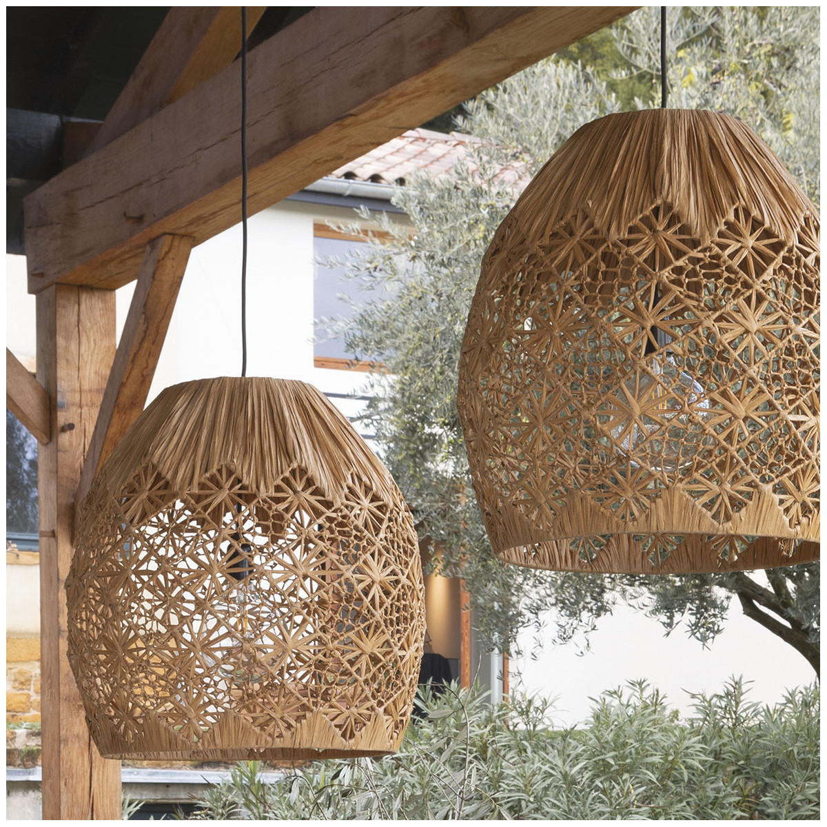 Suspension raphia naturel dia 48x51 beige, BLANC D’IVOIRE