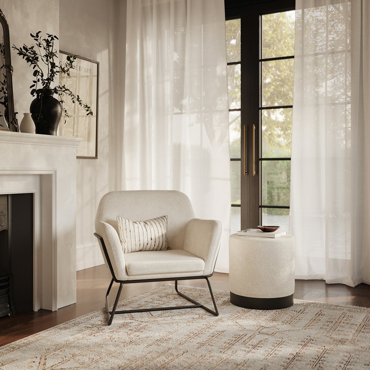 Large Teddy Bouclé Round Pouffe ivory, SO'HOME