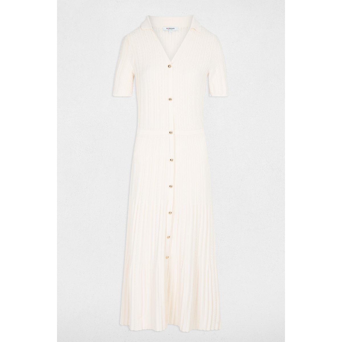 Robe tricot col à revers ivoire, MORGAN