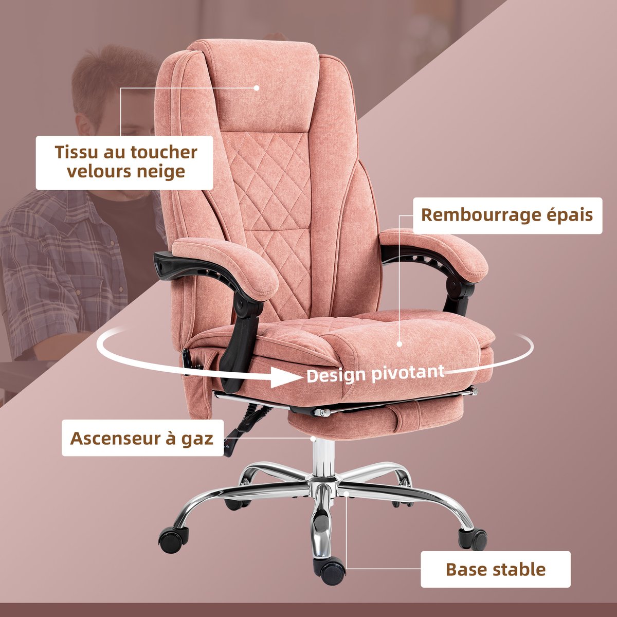 Fauteuil de bureau avec fonction massage rose, HOMCOM
