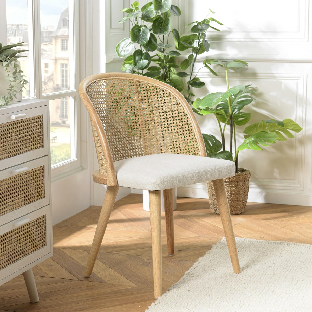 Chaise exotique dossier rond cannage assise tissu blanc TIM bois naturel, PIER IMPORT