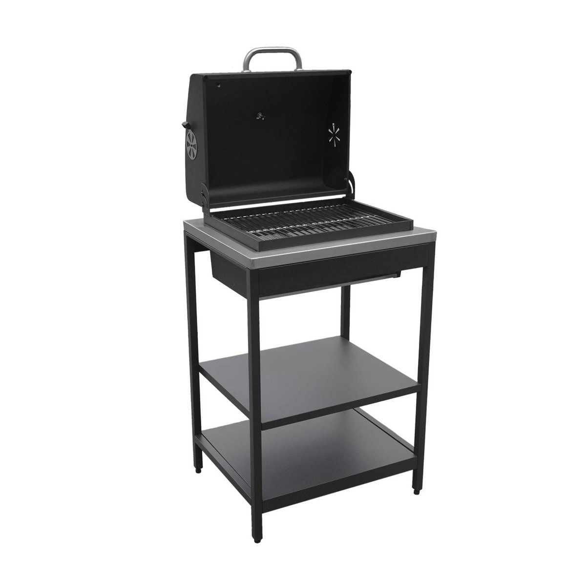 Cuisine d'extérieure 3 modules avec barbecue charbon de bois sur pieds, 2 étagères et thermomètre NAXOS BARBECUE CHARBON + 2 MODULES noir, SWEEEK