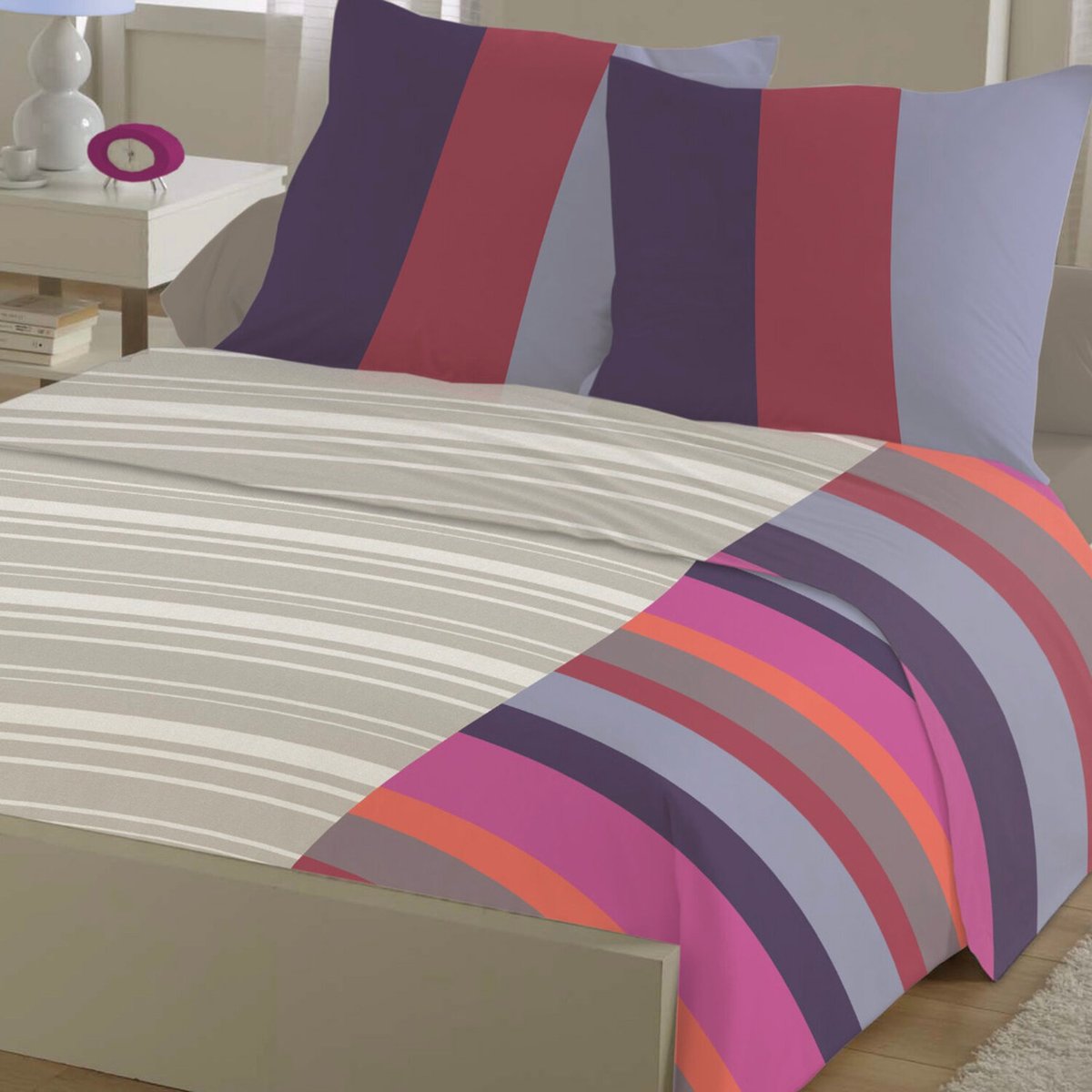 Parure de draps plat coton, Rayures rouge, C DESIGN HOME TEXTILE