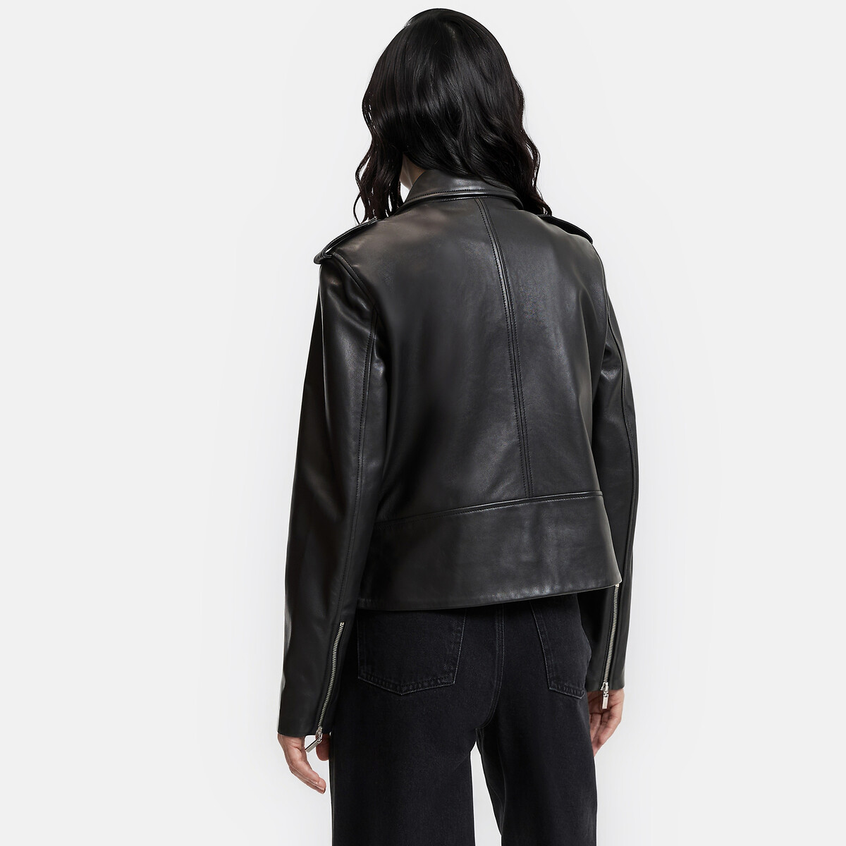 Blouson zippé style motard en cuir noir, LA REDOUTE COLLECTIONS