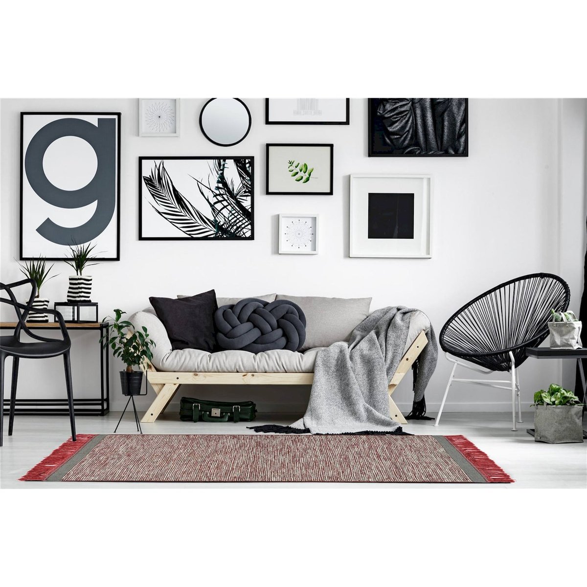 Tapis frangé en laine, Tissé main gris chiné avec rouge brique, ARTE ESPINA