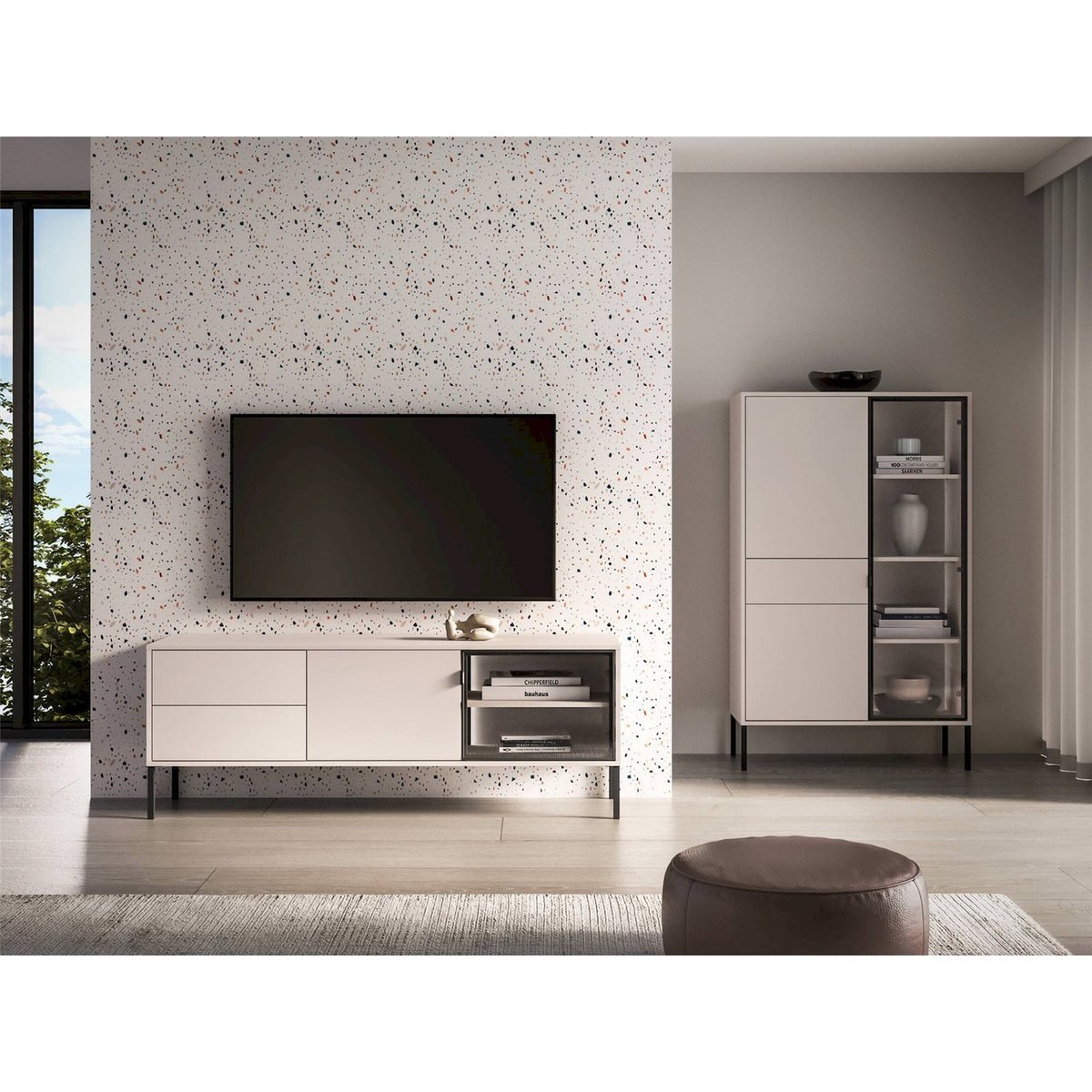 Meuble tv BARNEE bois avec portes et leds cachemire, RECOLLECTION