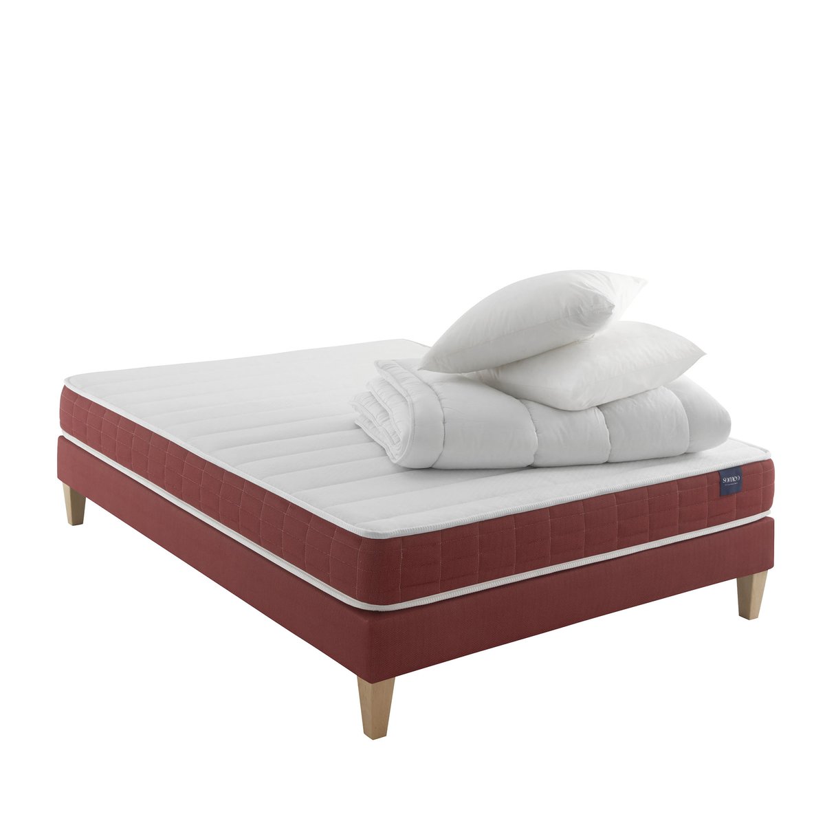Ensemble matelas couchage latex, sommier, pieds, couette et oreiller Crépuscule 400 blanc, SOMEO