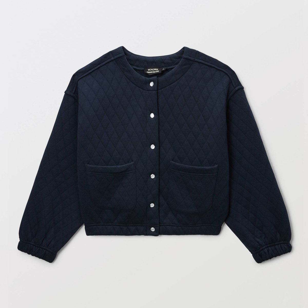 Cardigan uni en molleton matelassé contenant du coton marine, MONOPRIX