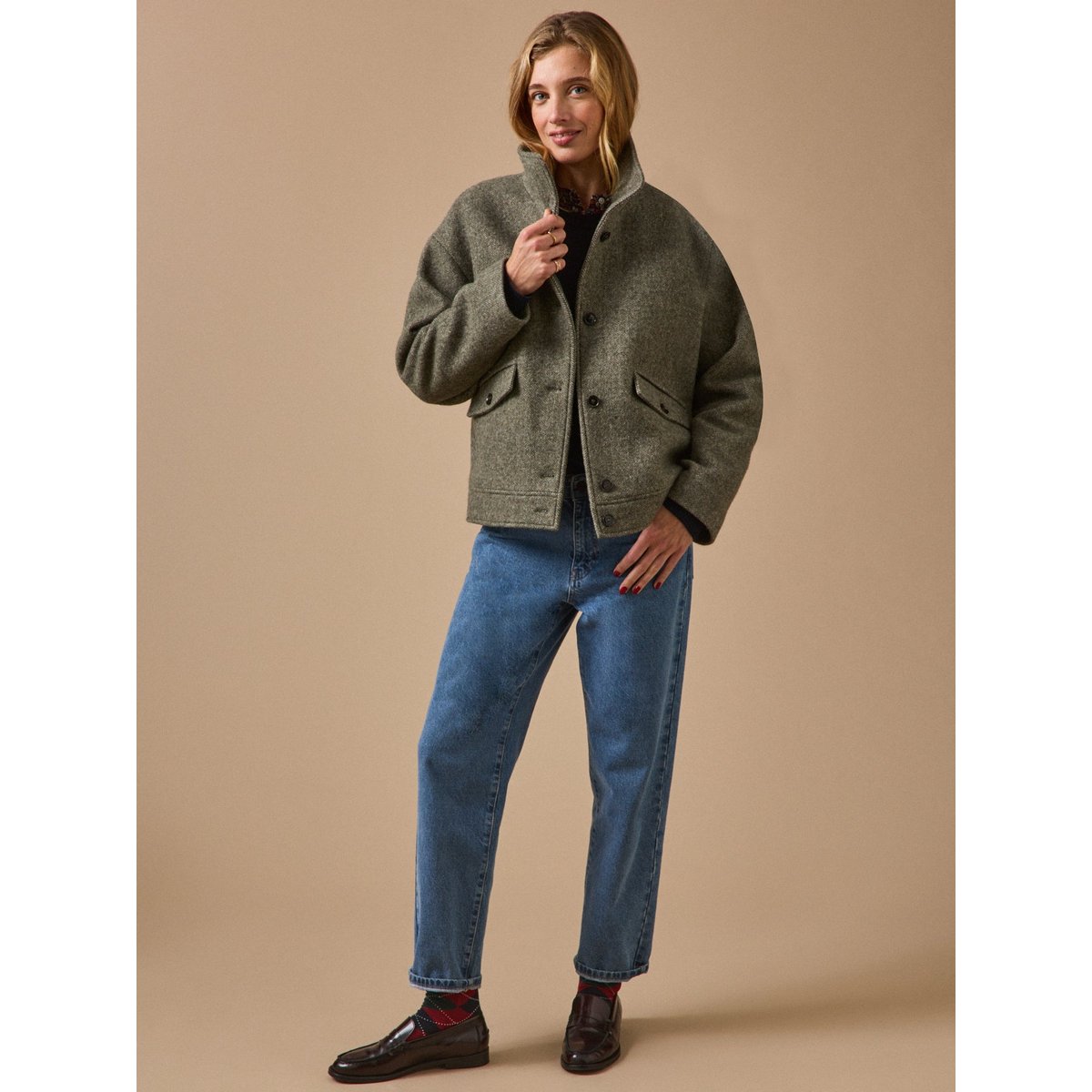 Manteau court lainage chevrons kaki, CYRILLUS