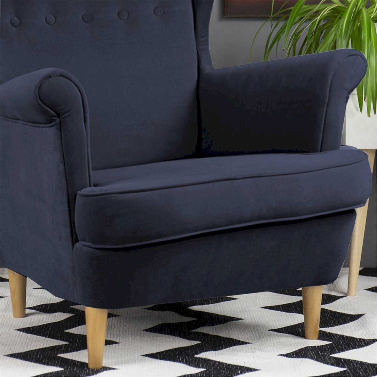 Fauteuil bergère capitonné collection MALMO bleu nuit cloud, RECOLLECTION