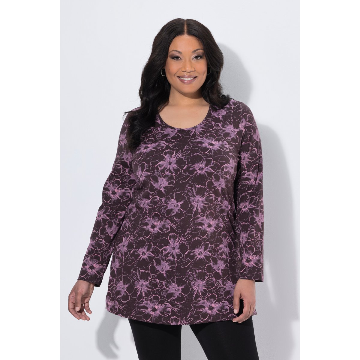 T-shirt long à fleurs acajou, ULLA POPKEN