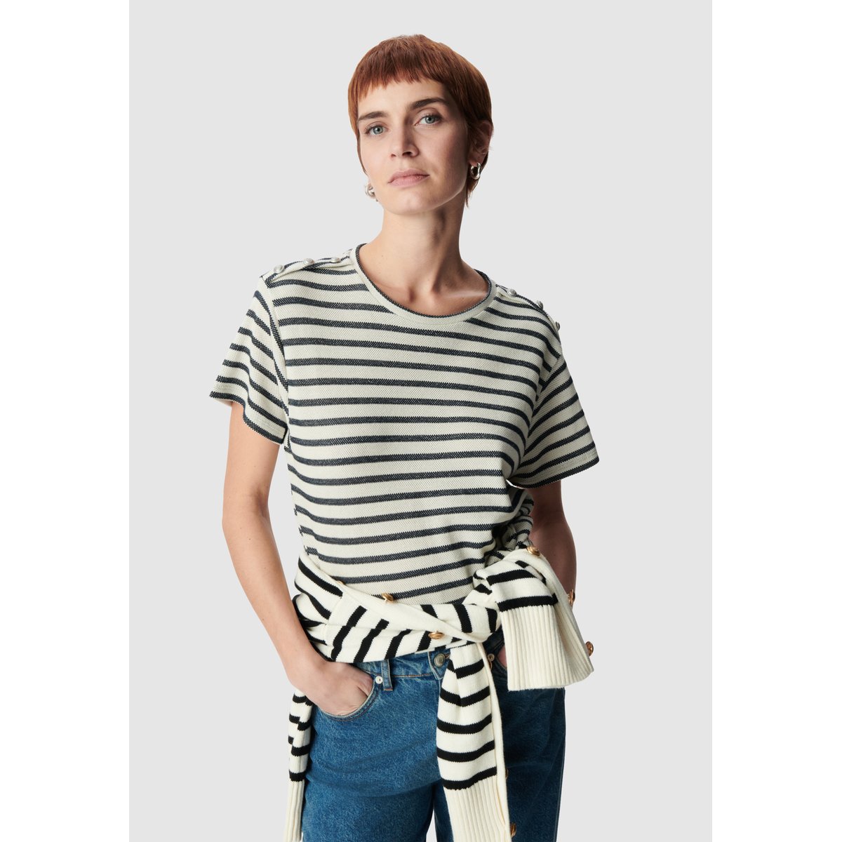 Tee-shirt marinière pailleté boutons épaules marine foncé, IKKS