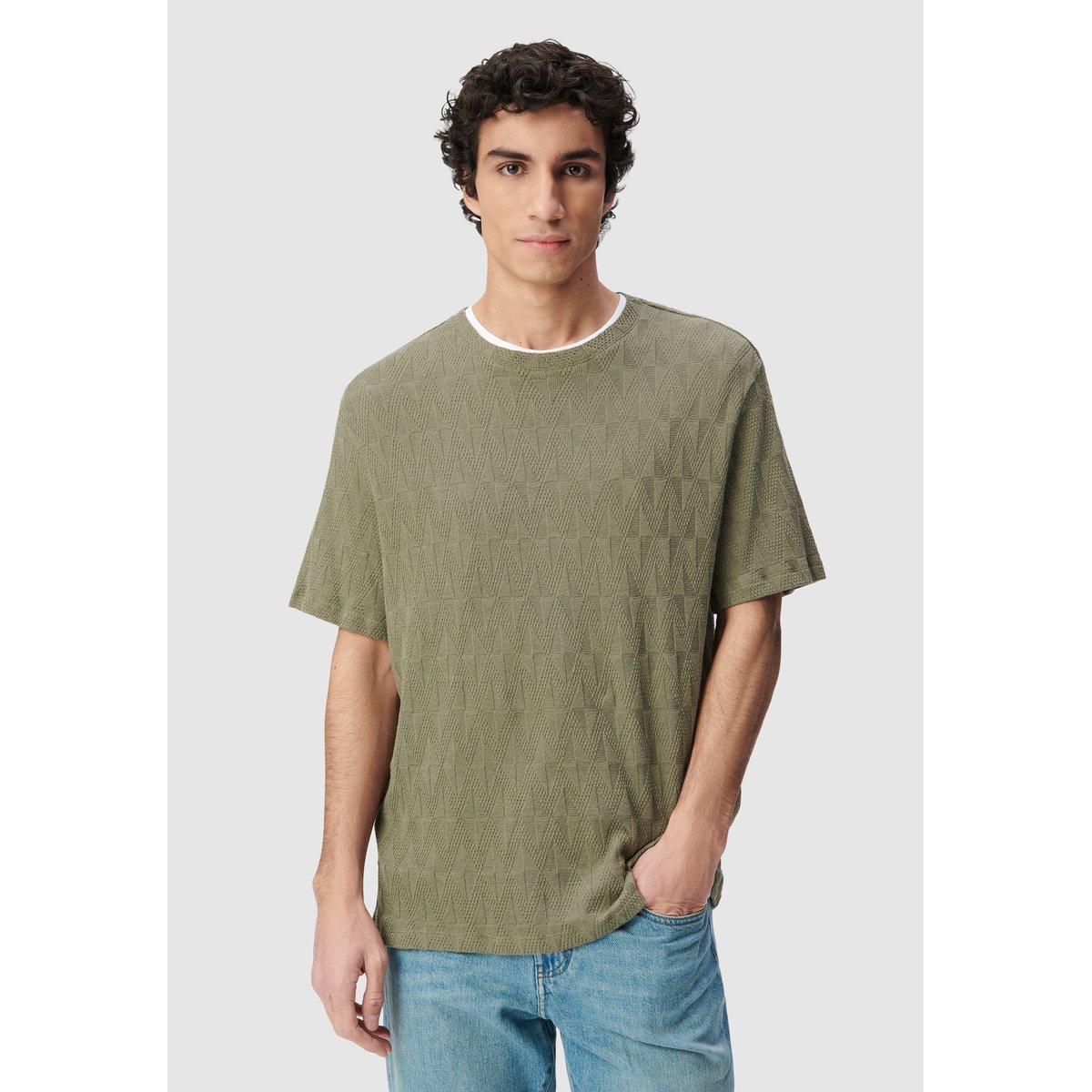 T-shirt col rond maille relief kaki, IKKS