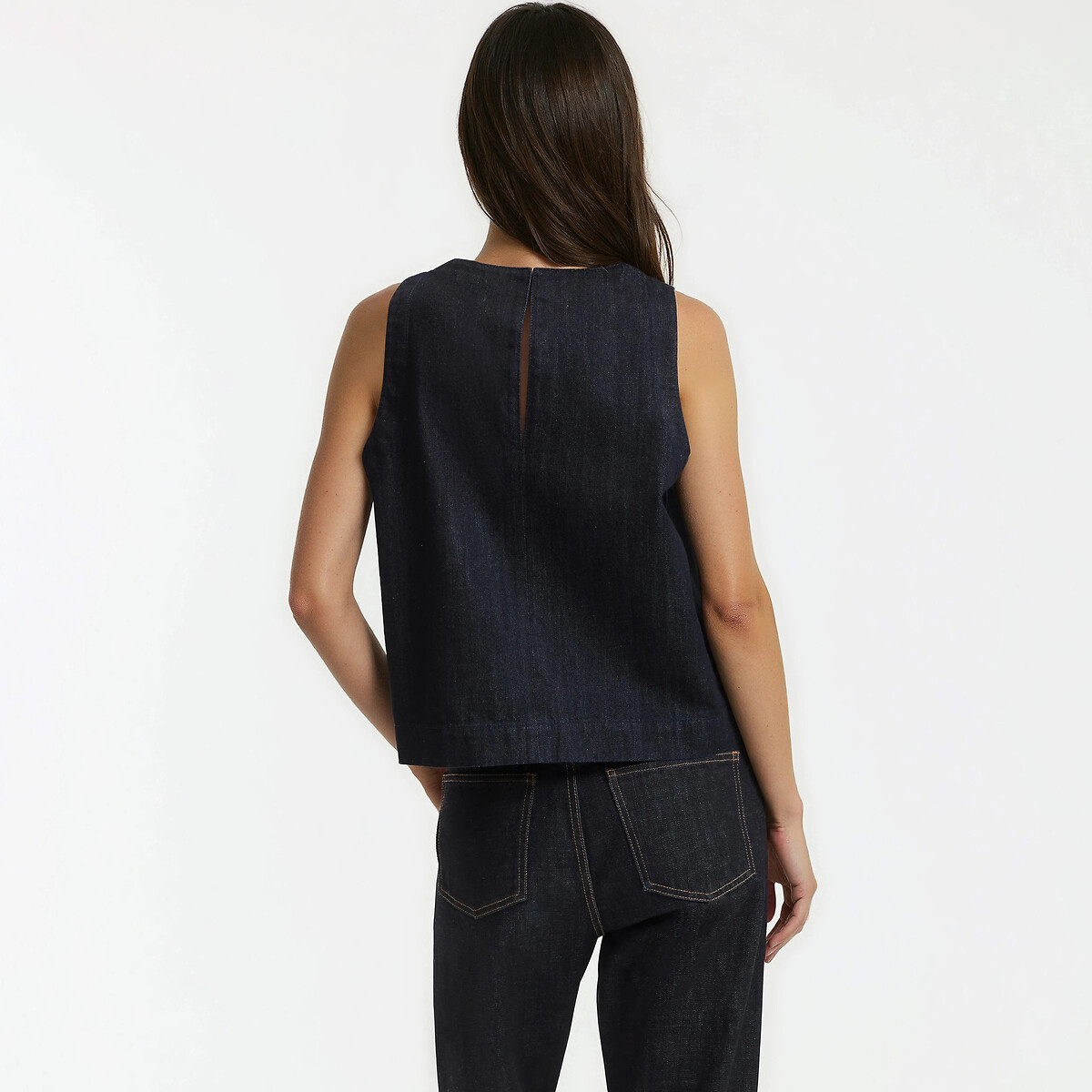 Top sans manches en denim, col rond bleu brut, LA REDOUTE COLLECTIONS